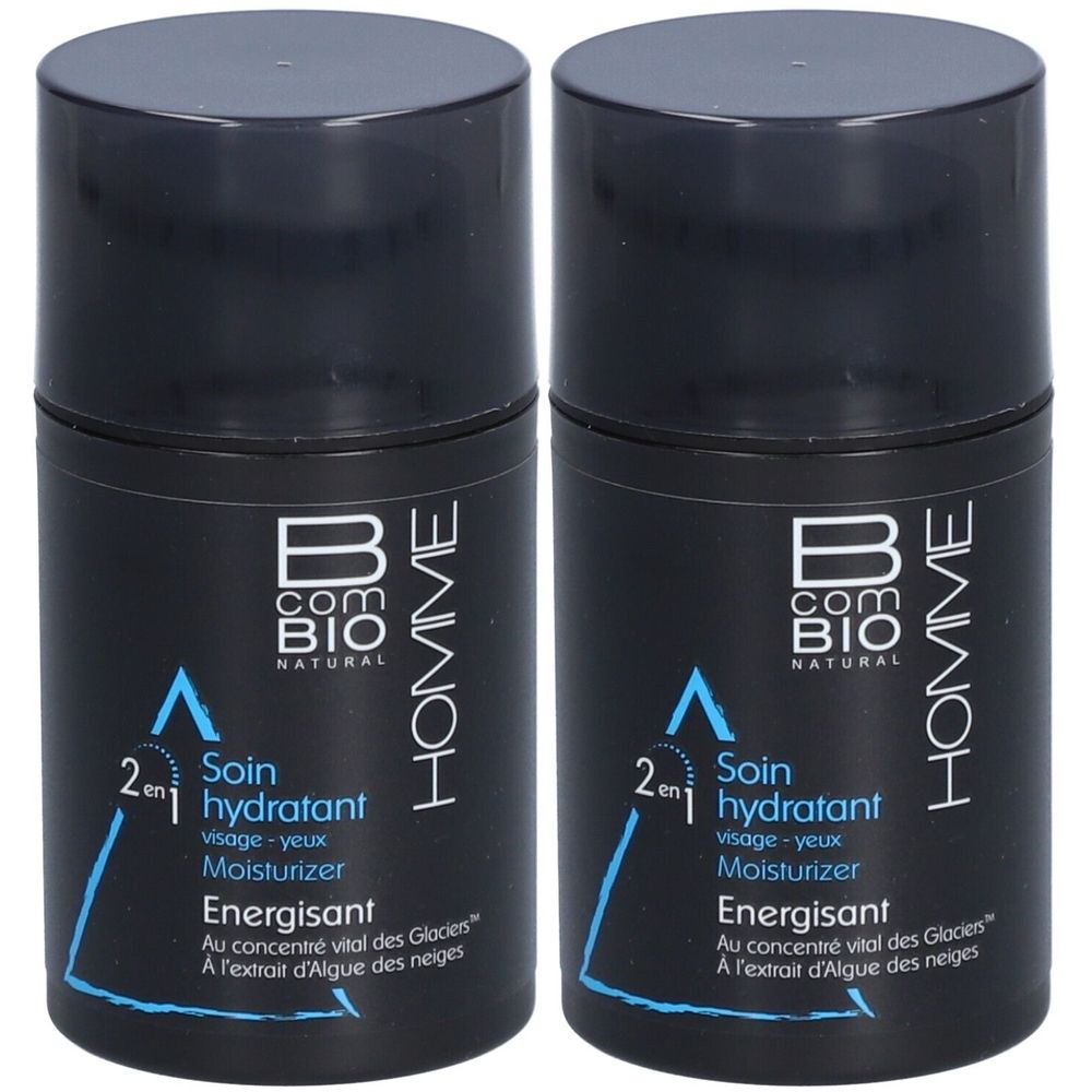 Deux flacons noirs avec couvercles. Inscription: B COM BIO HOMME, Soin hydratant, Energisant. Texte en français.