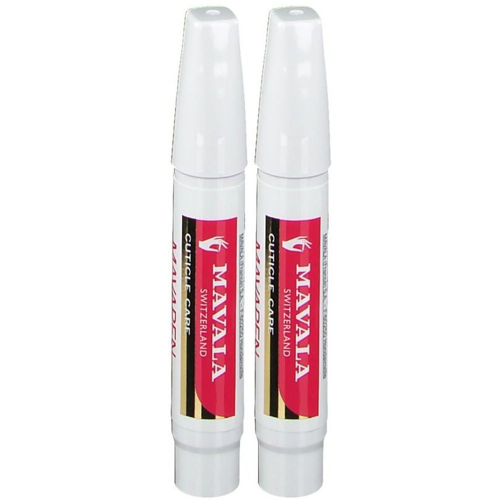 Deux stylos blancs avec étiquettes rouges et dorées. Inscription : MAVALA SWITZERLAND CUTICLE CARE.