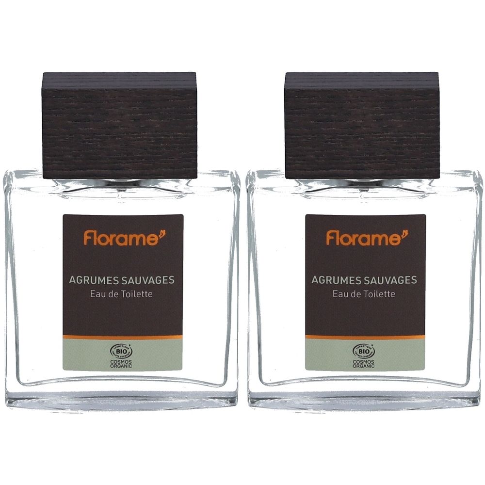 Deux flacons carrés en verre avec bouchon en bois. L'étiquette indique "Florame", "Agrumes Sauvages Eau de Toilette Bio".