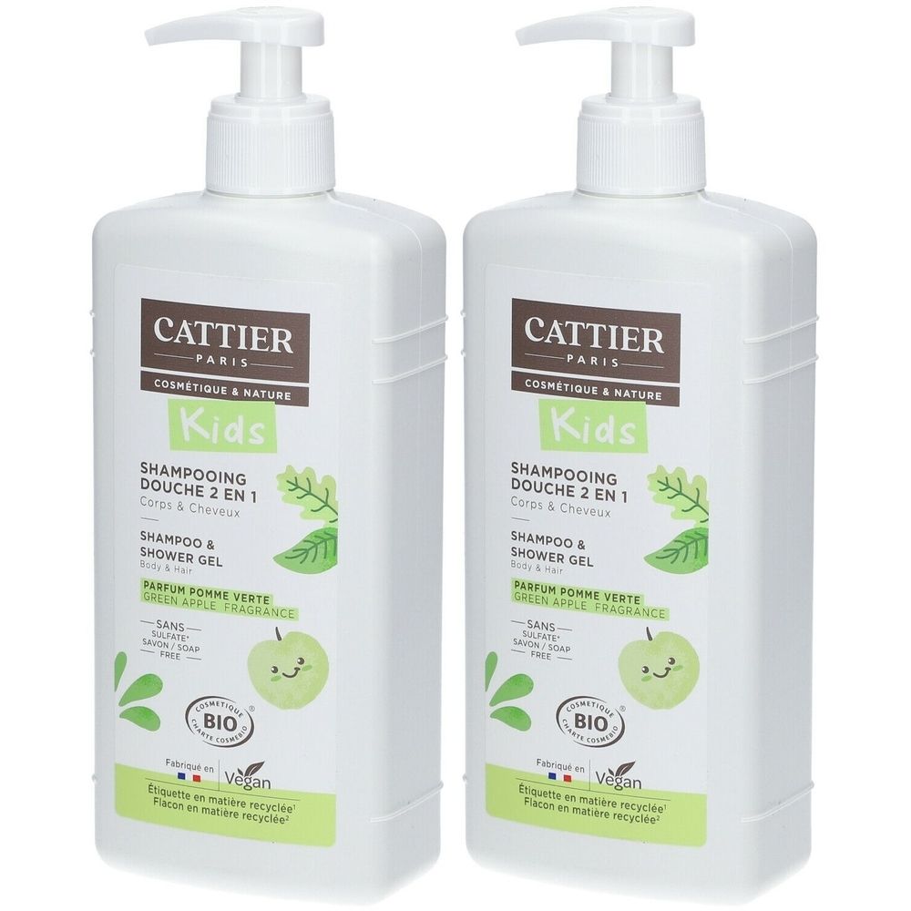Twee witte flessen met pomp. Opschrift: CATTIER Kids Shampooing Douche 2 en 1. Bio-certificering en Vegan-label.