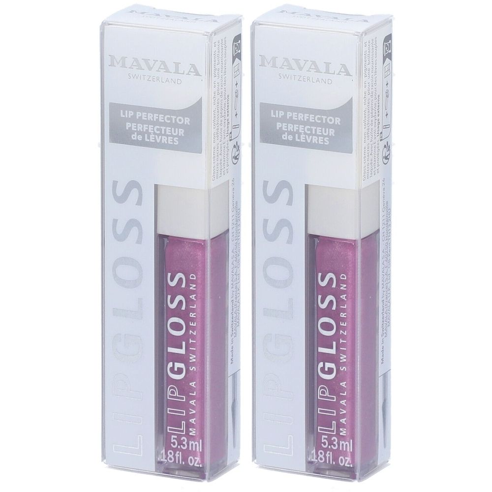 Deux tubes de gloss dans des boîtes rectangulaires. Inscription : Mavala, Lipgloss, 5,3 ml, 48 fl. oz. Couleur : rose.