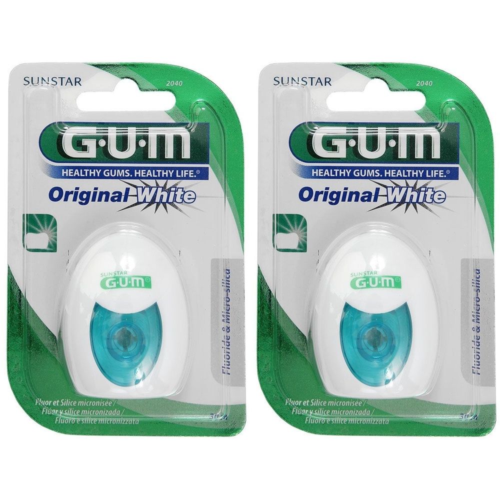 Deux paquets de fil dentaire GUM Original White avec fluorure et micro-argent.