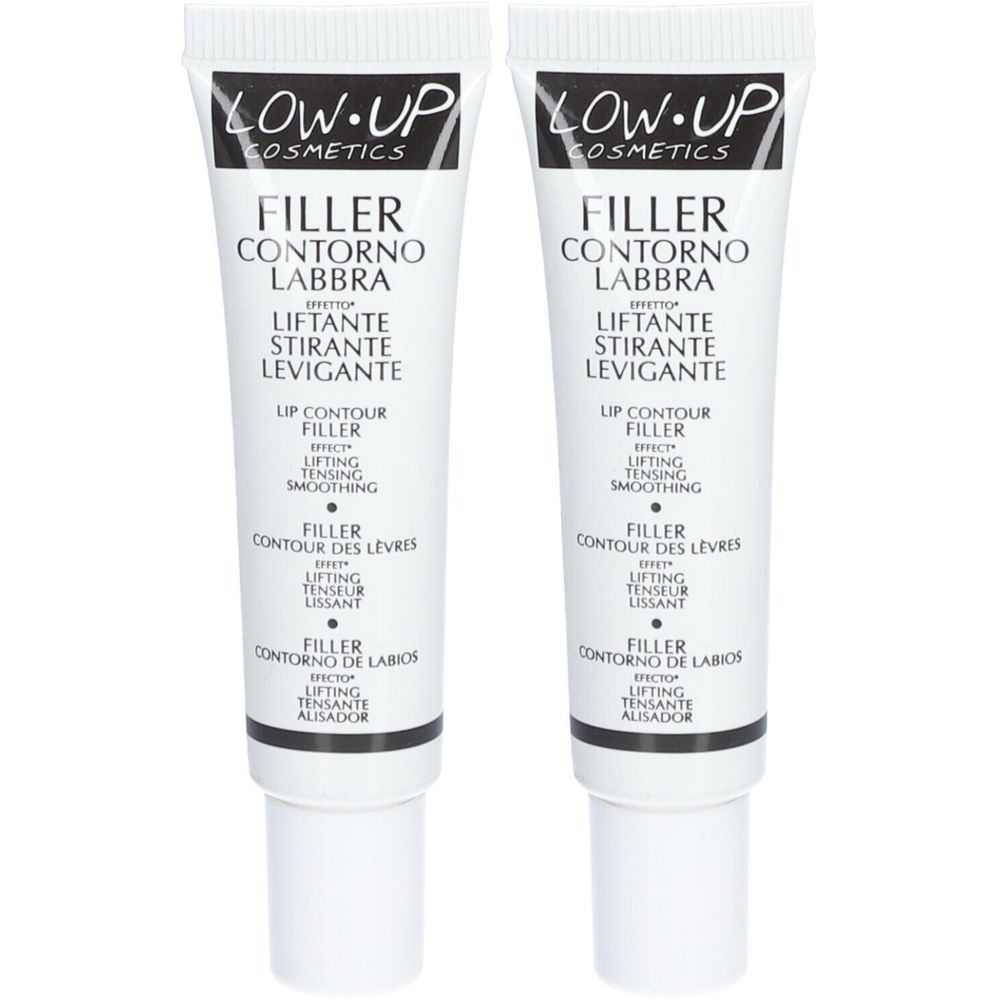 Twee witte tubes met zwarte tekst. Opschrift: LOW-UP COSMETICS, Filler Contorno Labbra, Lip Contour Filler.