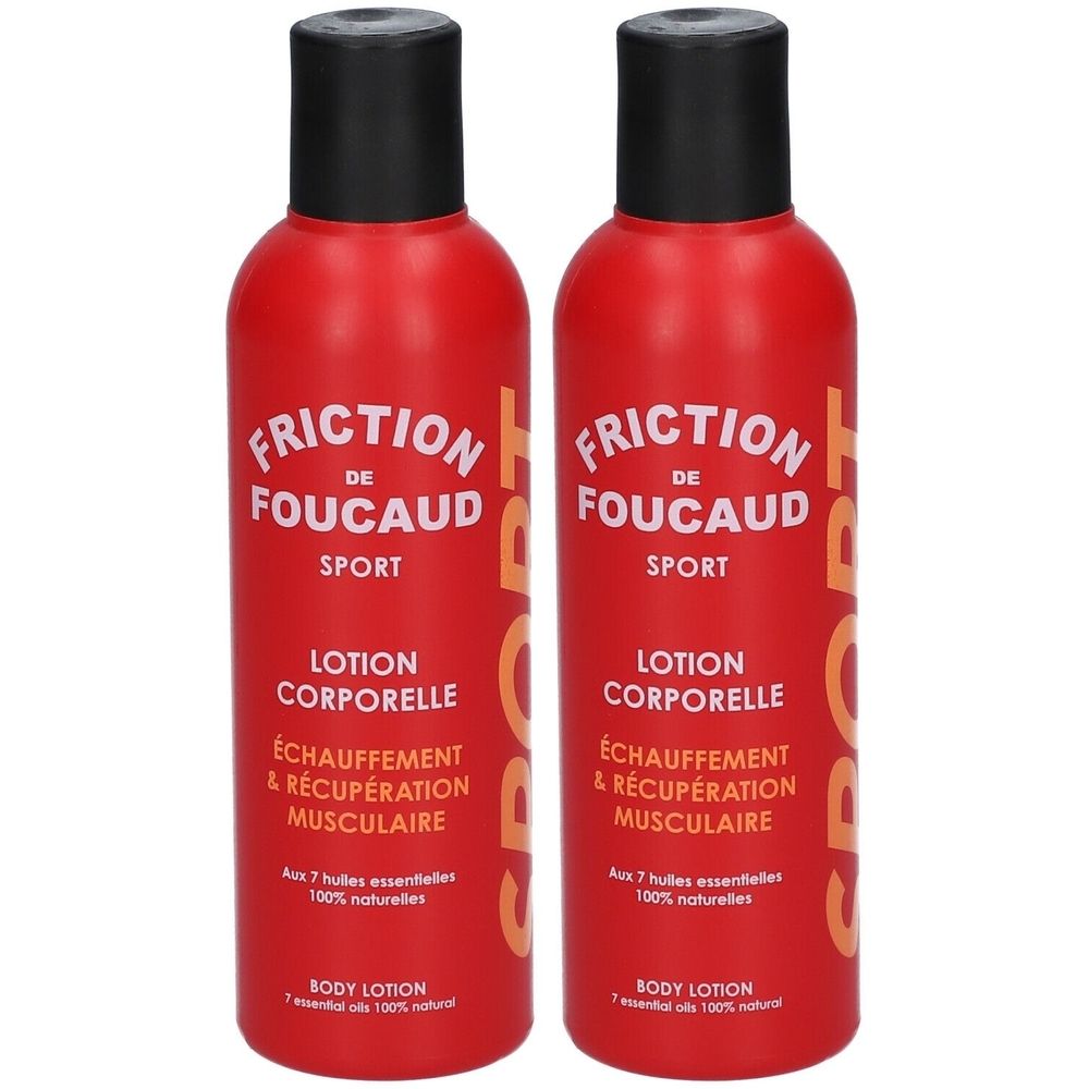 Deux flacons rouges avec bouchons noirs. Inscription : Friction de Foucaud Sport, Lotion Corporelle, Échauffement & Récupération musculaire.