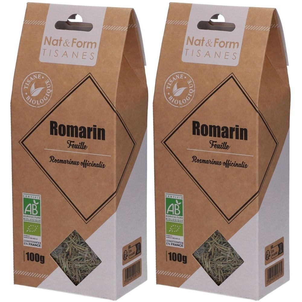 Deux boîtes de tisane Romarin. Marque Nat&Form, label AB. Fenêtre avec herbes. Inscription: 100g.