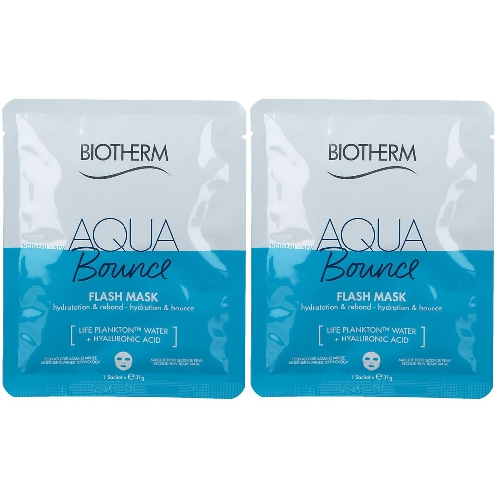 Deux sachets carrés BIOTHERM AQUA Bounce Flash Mask. Blanc avec design bleu. Texte: Flash Mask, Life Plankton Water + Hyaluronic Acid.