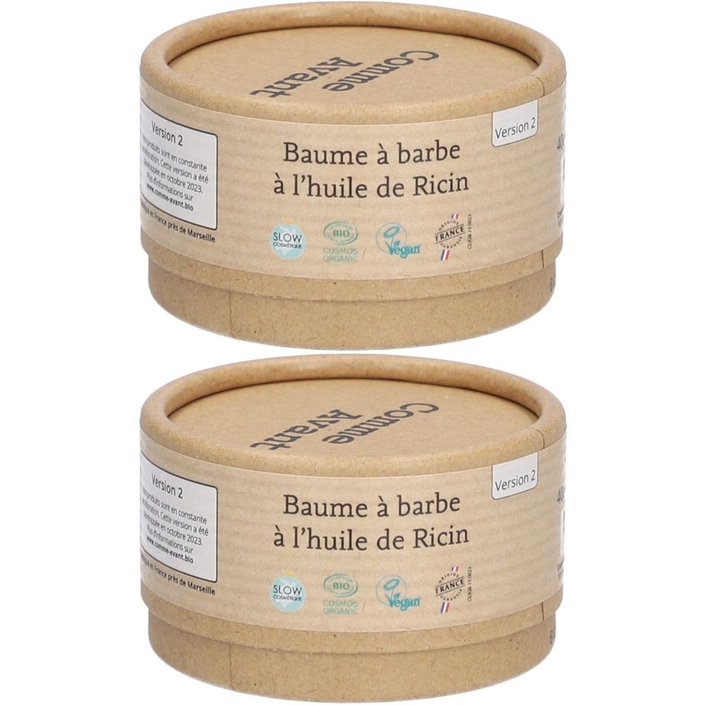 Twee cilindrische containers. Opschrift: Baume à barbe à l'huile de Ricin. Met Slow Cosmétique, Vegan en France labels.
