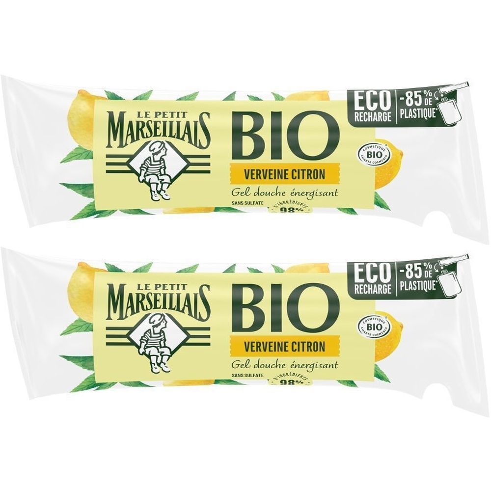 Twee navullingen douchegel. Gele etiketten met tekst: BIO, Verveine Citron, Gel douche énergisant. ECO-85% plastic.