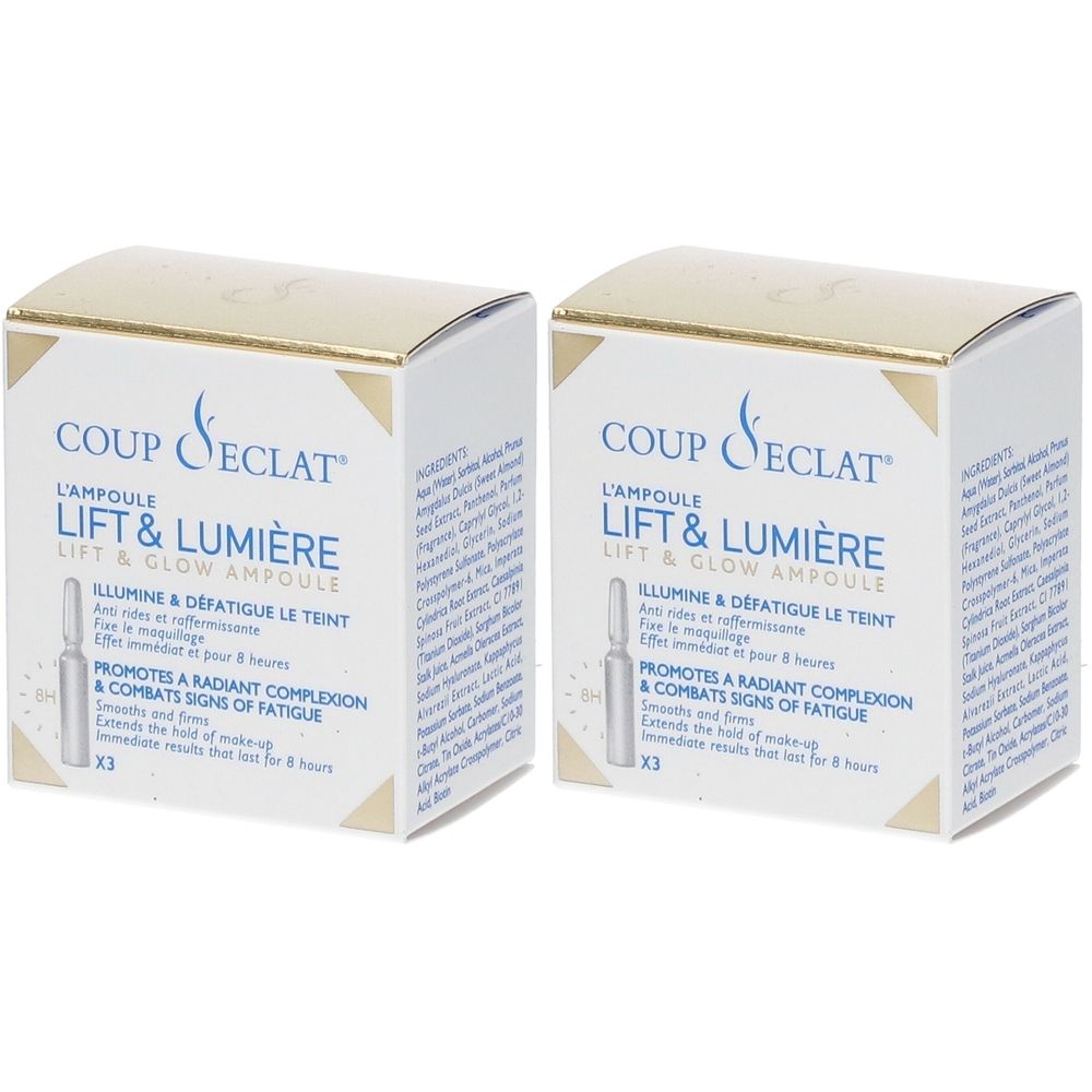 Deux boîtes blanches avec des accents dorés. Inscription: Coup d'Éclat, L'Ampoule Lift & Lumière. Contient des ampoules.
