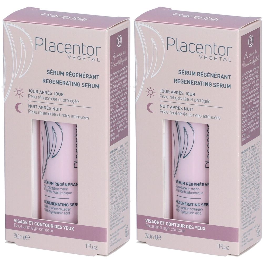 Twee rechthoekige verpakkingen met productinformatie. Opschrift: Placentor VEGETAL SÉRUM RÉGÉNÉRANT. Flesje serum zichtbaar.