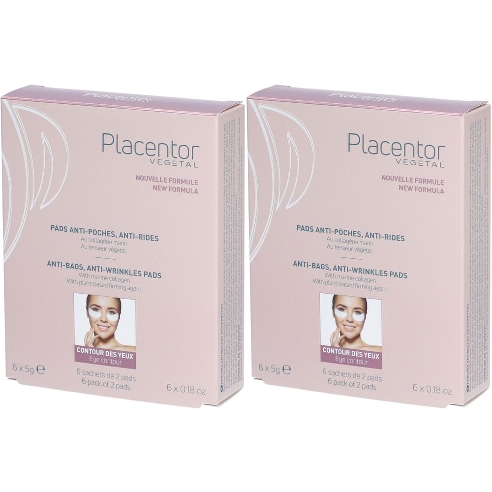 Deux boîtes roses de pads pour les yeux. Le nom du produit, la désignation et une photo sont imprimés. Texte en français et en anglais.