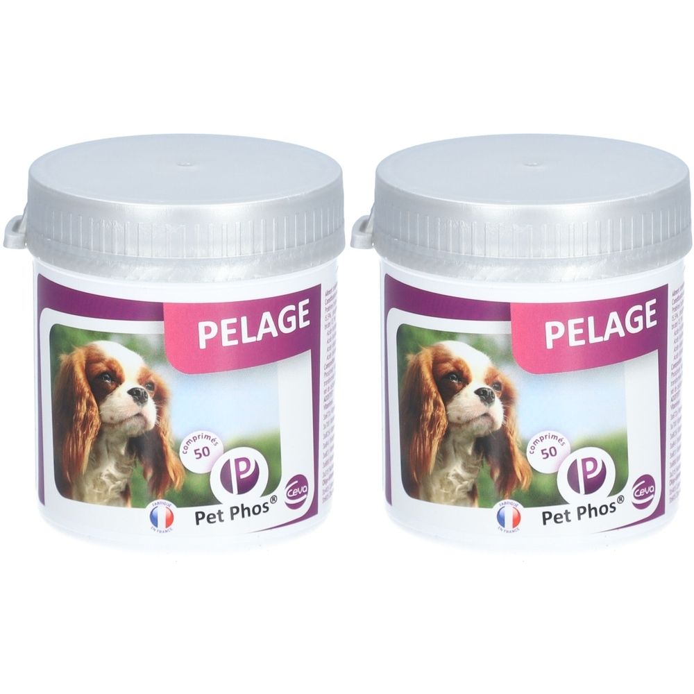 Deux boîtes blanches avec couvercles. Chaque boîte porte une étiquette avec un chien, le mot "PELAGE" et le logo "Pet Phos".