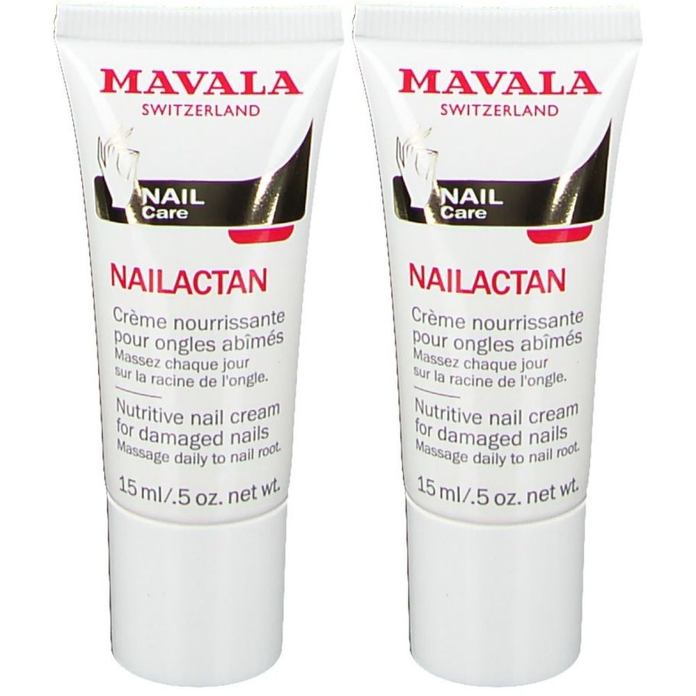 Twee tubes nagelcrème. Opschrift: MAVALA, NAILACTAN, Crème nourrissante pour ongles abîmés. Witte tube met rode tekst.