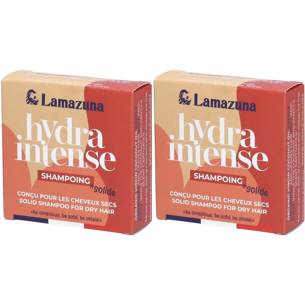 Twee rechthoekige dozen. Opschrift: Lamazuna, hydra intense, Shampoing solide. Voor droog haar. Kleuren: rood, beige.