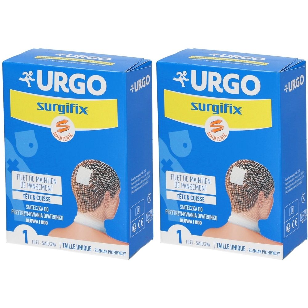 Twee blauwe dozen met URGO Surgifix. Opschrift: Filet de maintien de pansement, Tête & Cuisse. Met CE-markering.