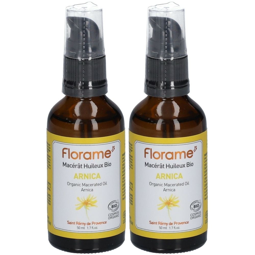 Deux flacons en verre brun avec pompe noire. Étiquette avec nom du produit, ingrédients et label bio. Inscription : Florame, Arnica.