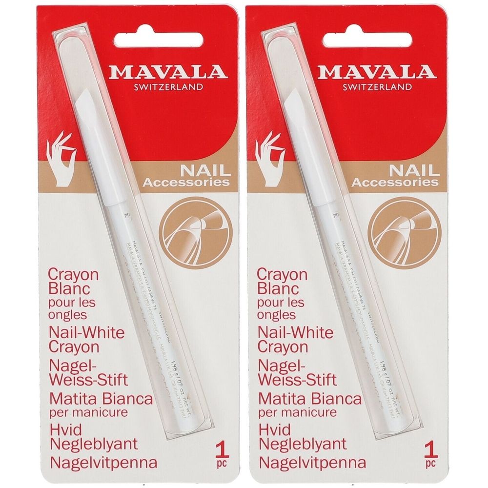 Twee verpakkingen Mavala Crayon Blanc. Witte nagelstift in transparante verpakking. Rode en beige verpakking met productaanduidingen.