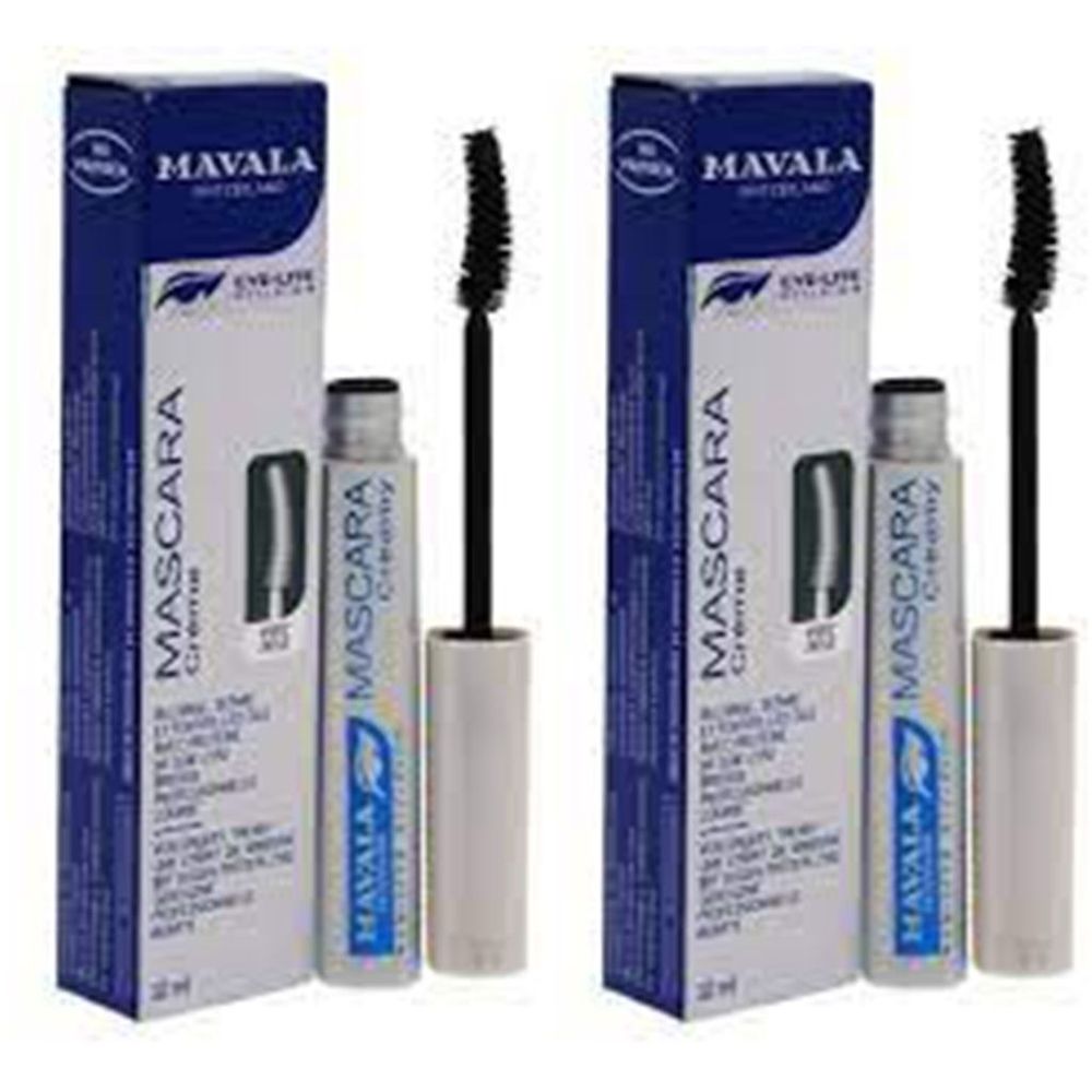 Deux mascaras et leurs emballages. Emballage bleu avec texte blanc. Brosse noire. Nom du produit: MASCARA Crème.