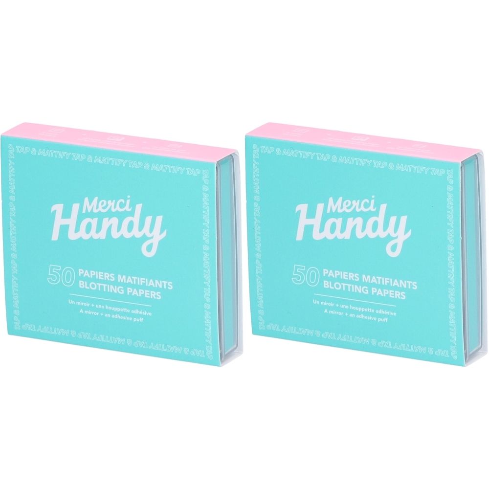 Deux boîtes turquoise avec couvercles roses. Inscription : Merci Handy, 50 Papiers Matifiants Blotting Papers.