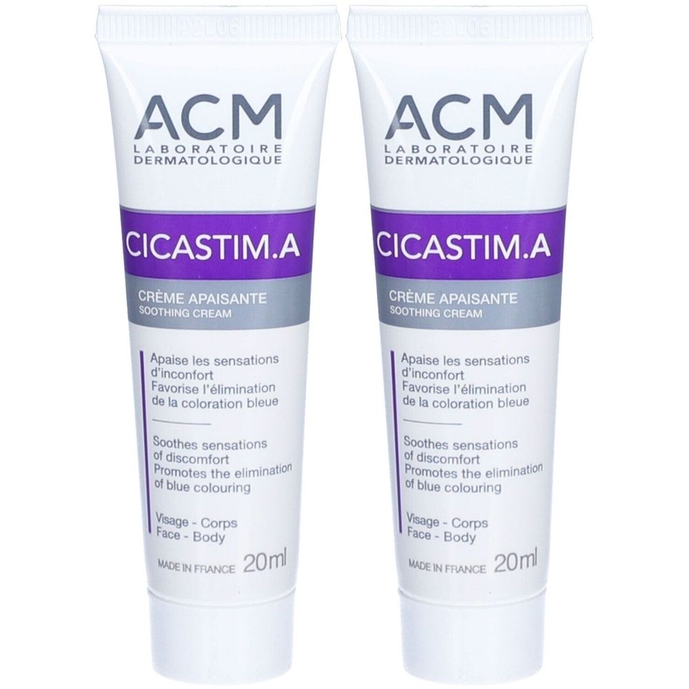 Deux tubes de crème apaisante ACM Cicastim.A. Blanc, avec des accents violets et gris. Texte: CICASTIM.A, Crème Apaisante, 20ml.