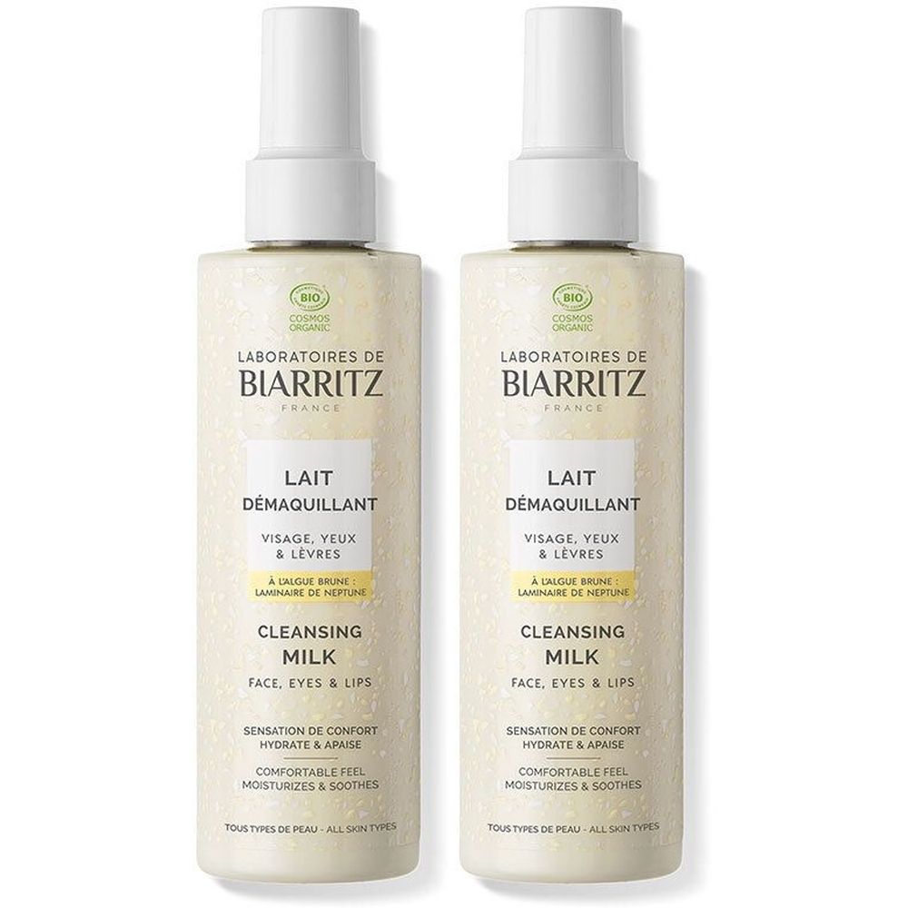Twee flessen Lait Démaquillant van Laboratoires de Biarritz. Witte flessen met spraykop, etiket met productinformatie.