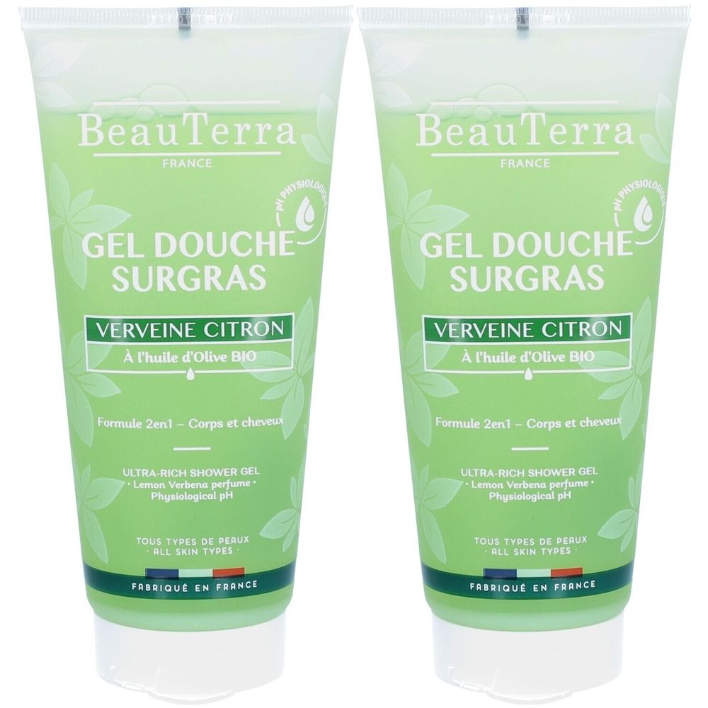 Deux tubes de gel douche BeauTerra. Liquide verdâtre, bouchon blanc. Inscription: Verveine Citron, à l'huile d'Olive BIO. Fabriqué en France.