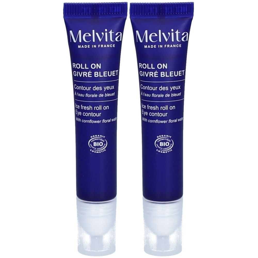 Deux tubes roll-on bleus. Inscription: Melvita, Roll on Givré Bleuet, Contour des yeux. Certification Bio.