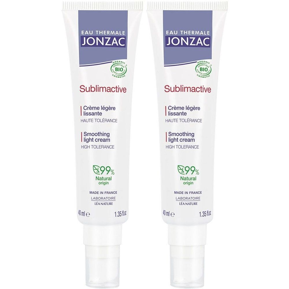 Twee tubes Jonzac Sublimactive crème. Witte tubes met blauwe tekst. Smoothing light cream, 99% natuurlijke oorsprong. Bio label.