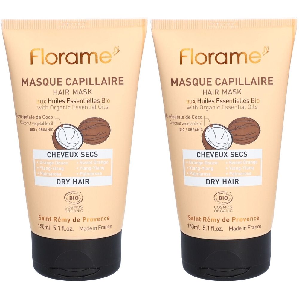 Deux tubes de masque capillaire Florame pour cheveux secs. Tubes beiges avec bouchon noir. Inscription : Masque Capillaire, certification Bio.