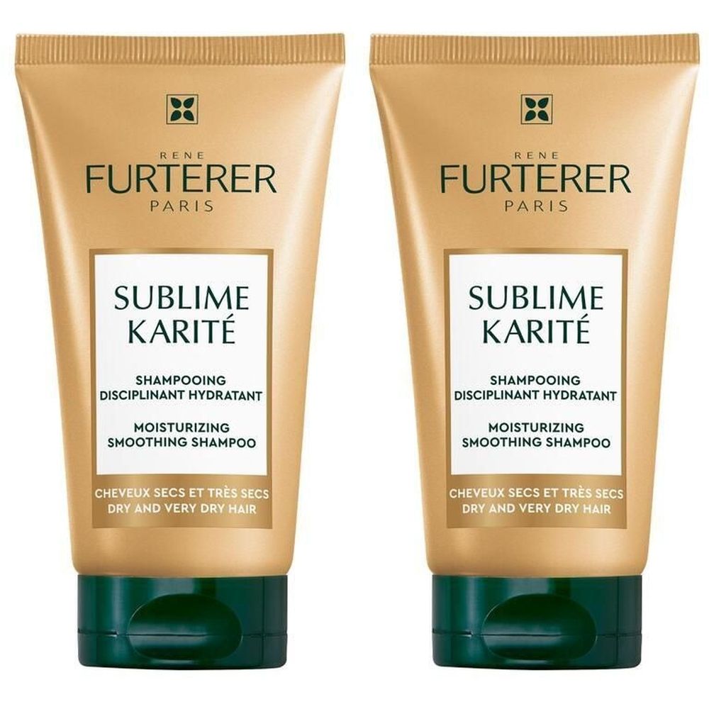 Twee goudkleurige tubes shampoo. Opschrift: René Furterer Paris, Sublime Karité, Shampooing Disciplinant Hydratant.
