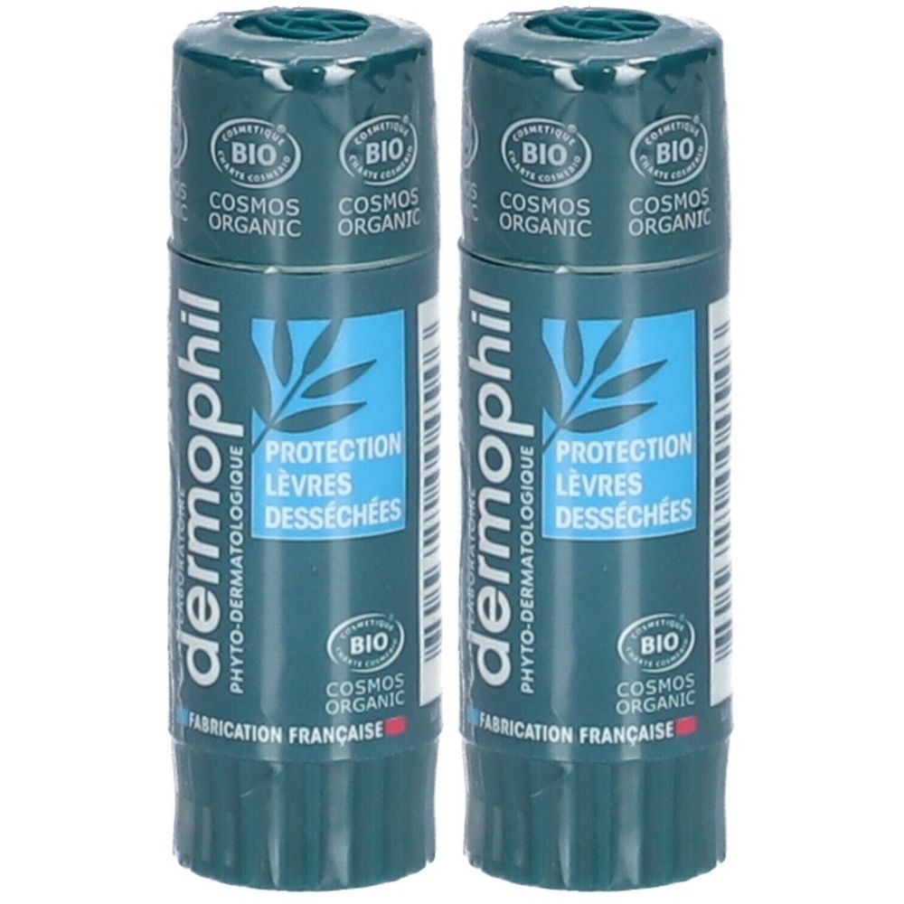 Twee lippenstiften. Donkergroene huls met witte tekst. Opschrift: dermophil, Protection Lèvres Desséchées, Bio, Cosmos Organic.