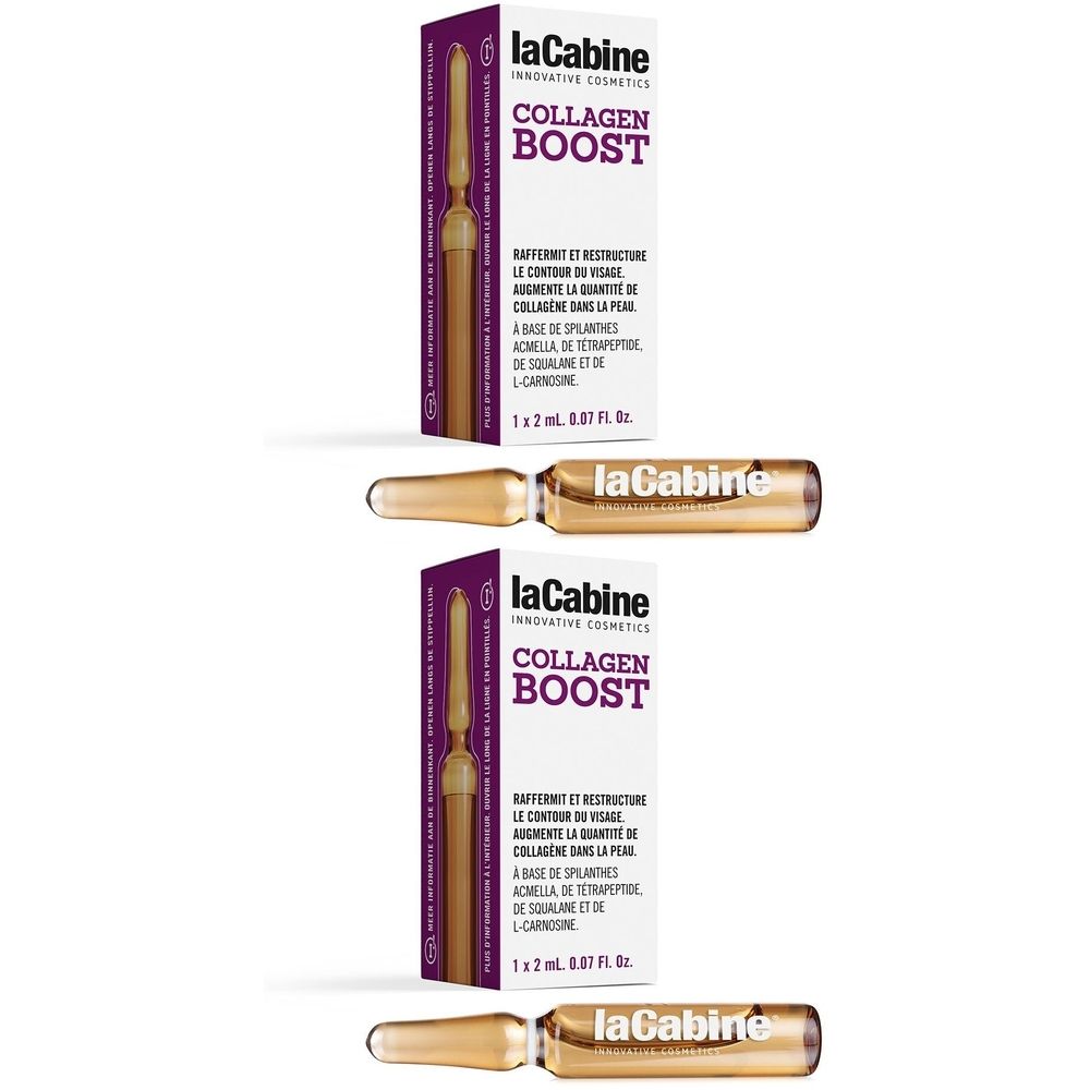 Twee ampullen en twee verpakkingen. De verpakkingen zijn wit en paars met de tekst "COLLAGEN BOOST" en "laCabine".