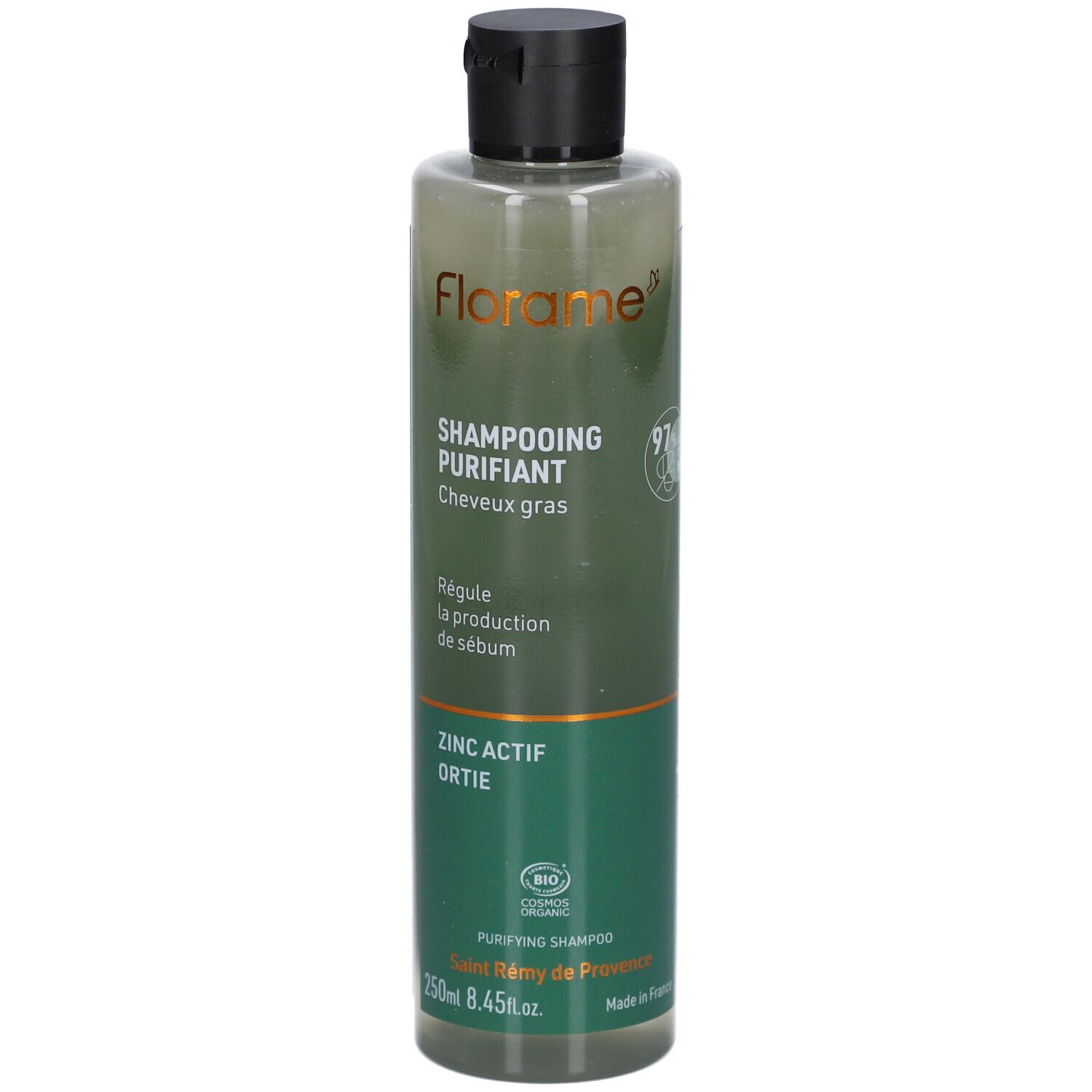 Florame Purifying Shampoo. Transparante fles met zwarte dop. Bevat Zinc Actif Ortie. Bio-certificering.