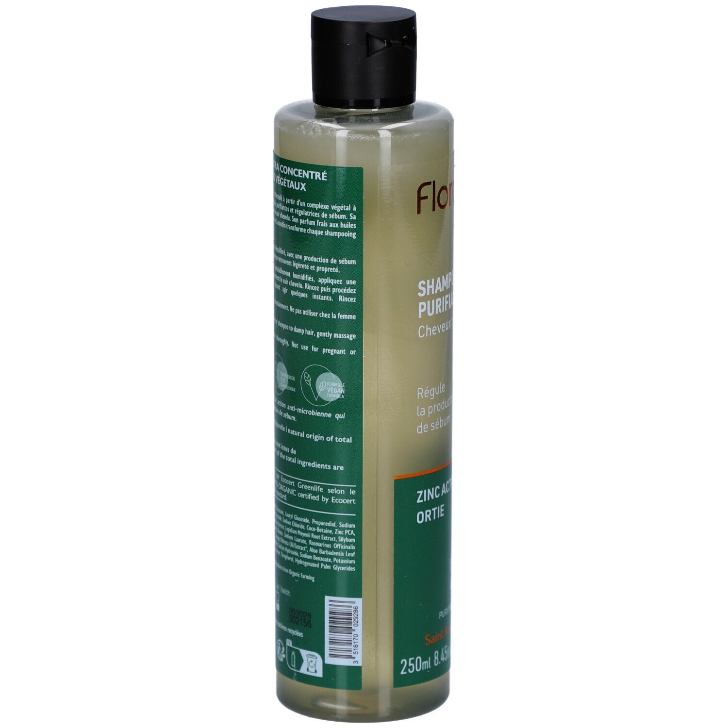 Achterkant Florame Purifying Shampoo fles. Geconcentreerde plantenextracten. Bio-certificering. Ingrediëntenlijst.