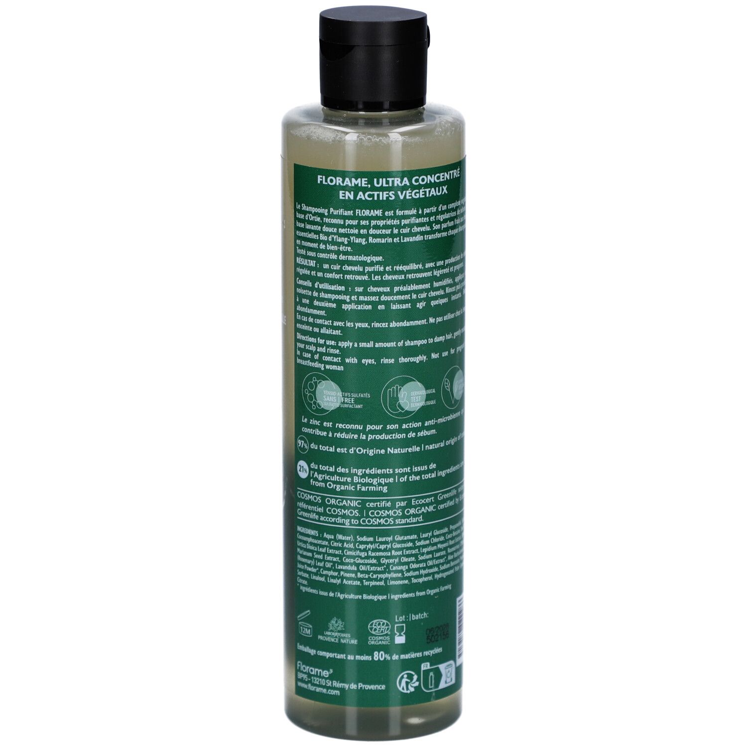 Achterkant Florame Purifying Shampoo fles. Ultra geconcentreerd in plantaardige actieve stoffen. Bio-certificering.
