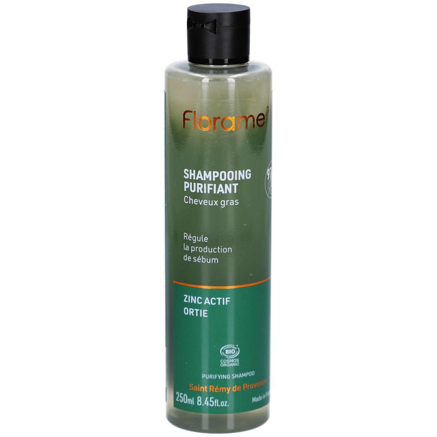 Florame Purifying Shampoo. Transparante fles met zwarte dop. Bevat Zinc Actif Ortie. Bio-certificering.