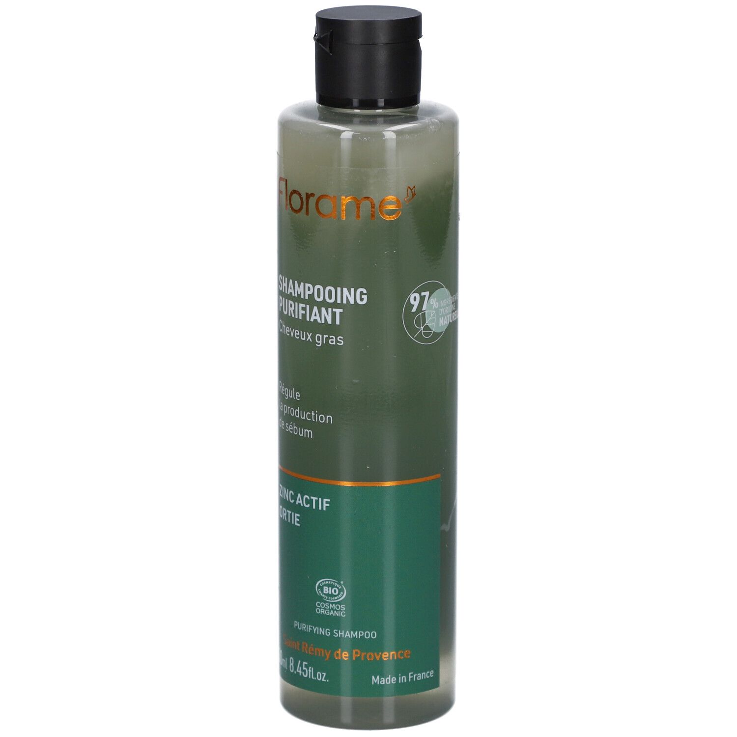 Florame Purifying Shampoo. Transparante fles met zwarte dop. Bevat Zinc Actif Ortie. Bio-certificering.
