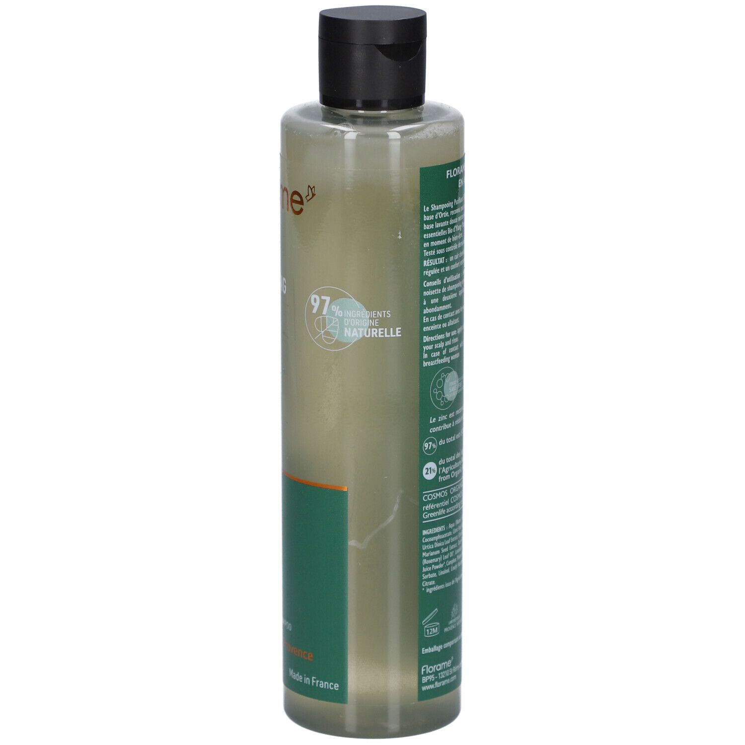 Achterkant Florame Purifying Shampoo fles. Geconcentreerde plantenextracten. Bio-certificering. Ingrediëntenlijst.