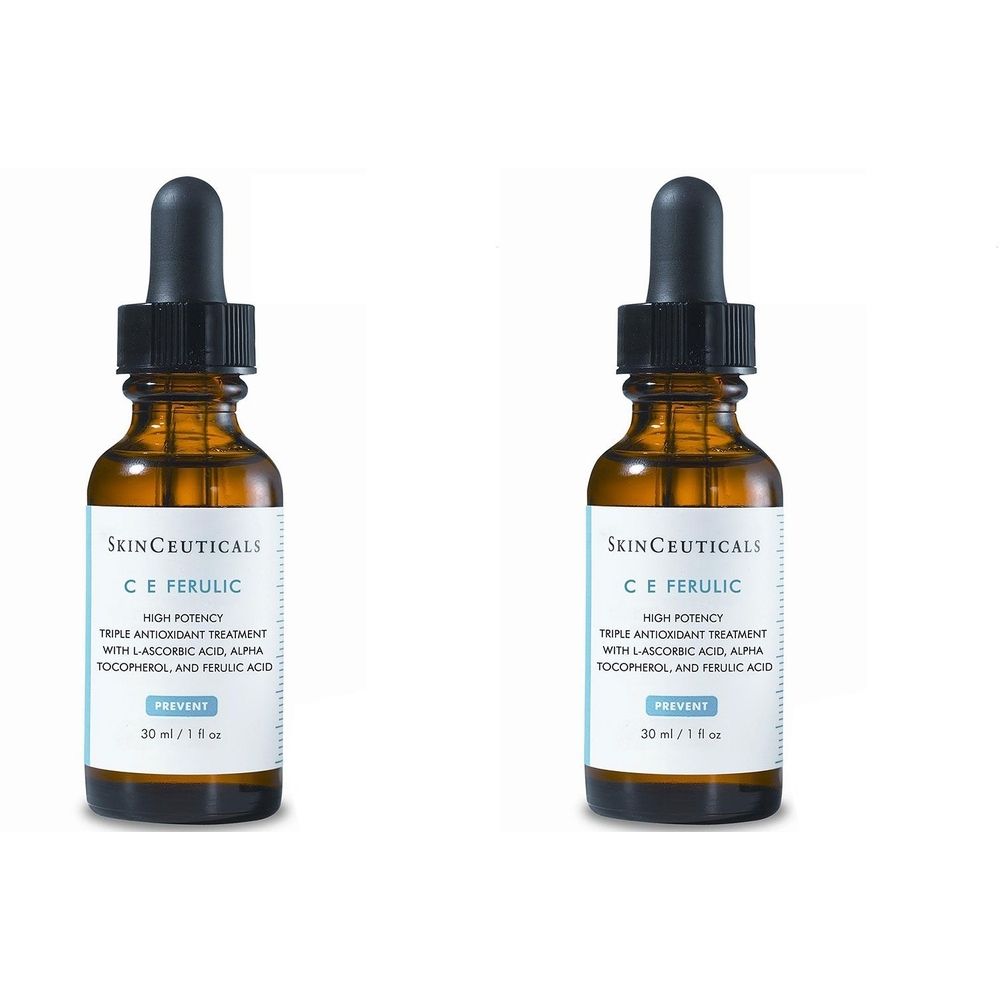 Deux flacons en verre brun avec pipettes noires. Étiquettes : "Skinceuticals C E Ferulic".