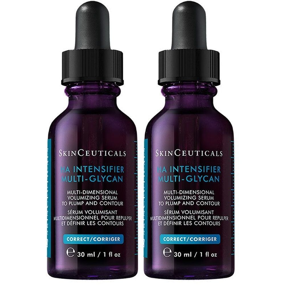 Twee flessen SkinCeuticals HA Intensifier Multi-Glycan serum. Paarse glazen flessen met zwarte pipetten. Tekst: Multi-Dimensional Volumizing Serum.