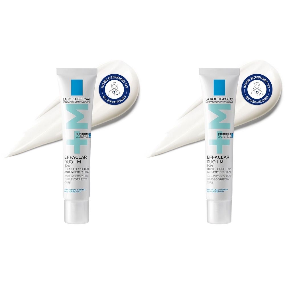 Twee tubes Effaclar DUO+M. Wit-blauwe verpakking. Opschrift: La Roche-Posay, Effaclar DUO+M. Met crème-uitstrijk en zegel.