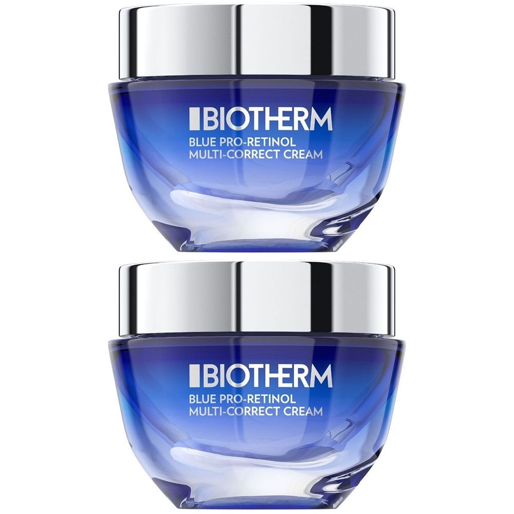 Twee potten BIOTHERM Blue Pro-Retinol Multi-Correct Cream. Blauwe glazen potten met zilveren deksels. Tekst zichtbaar.