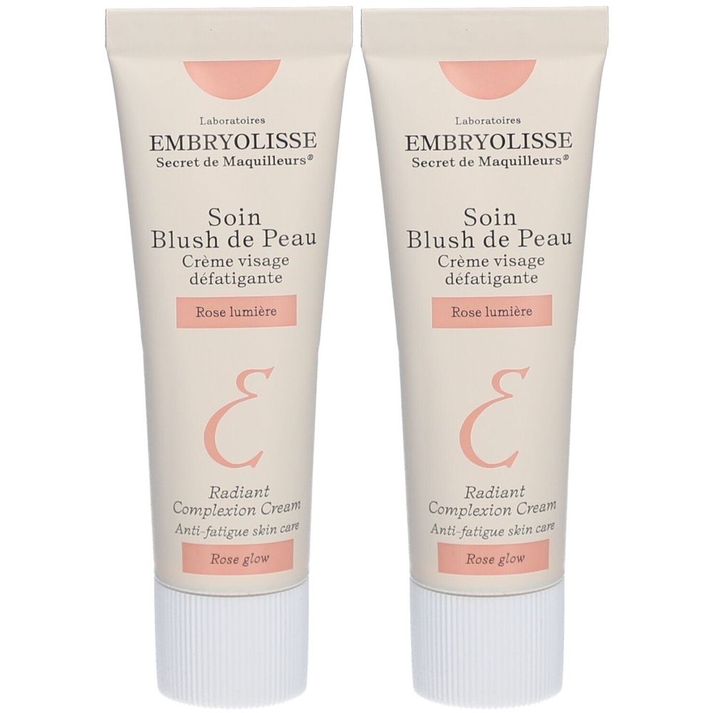 Deux tubes de Embryolisse Blush de Peau. Emballage crème avec accents roses et texte. Contient des inscriptions telles que "Rose lumière" et "Rose glow".