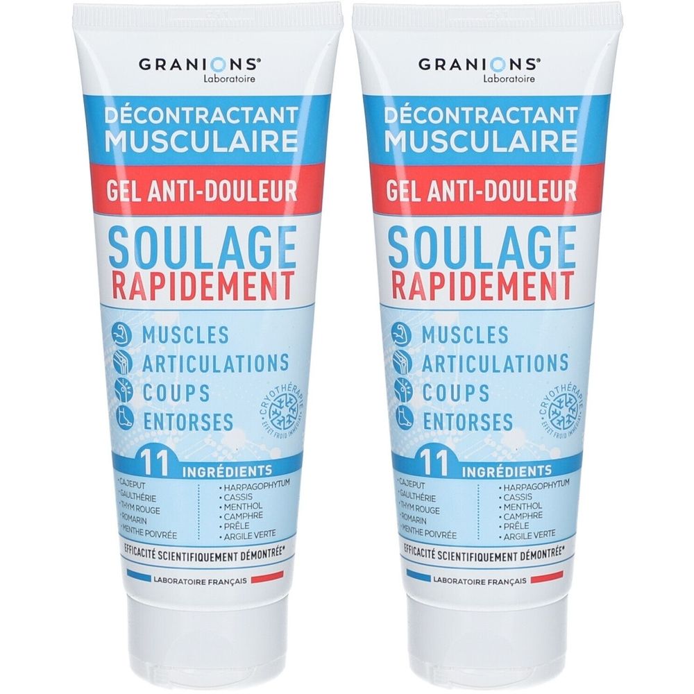 Deux tubes de gel GRANIONS® Décontractant Musculaire. Emballage bleu et blanc avec nom du produit et ingrédients. Laboratoire français.