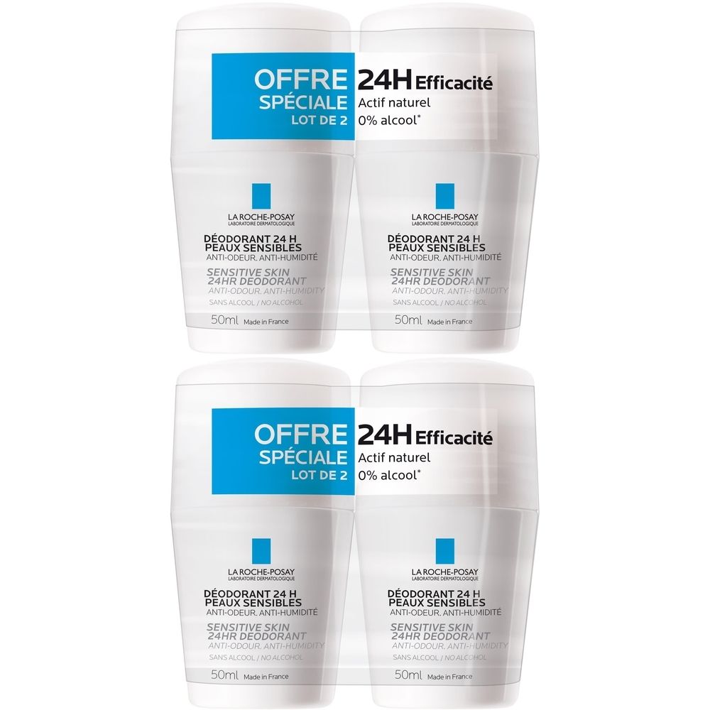 Quatre déodorants roll-on blancs. Inscription bleue : 24H, Déodorant Peaux Sensibles, La Roche-Posay. Offre spéciale, lot de 2.