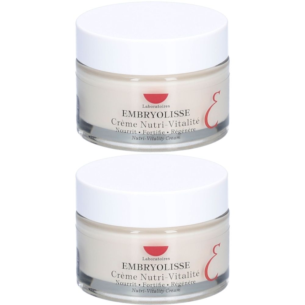 Deux pots de crème avec couvercles blancs. Inscription « EMBRYOLISSE Crème Nutri-Vitalité ». Les pots sont en verre.