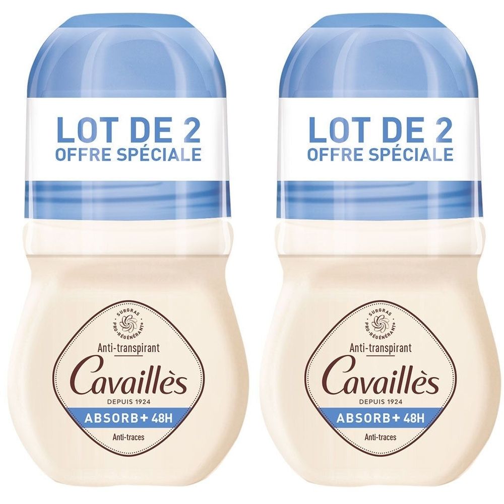 Twee roll-on deodorants. Blauwe dop, witte fles. Opschrift: LOT DE 2, OFFRE SPÉCIALE, Cavaillès, ABSORB+ 48H.