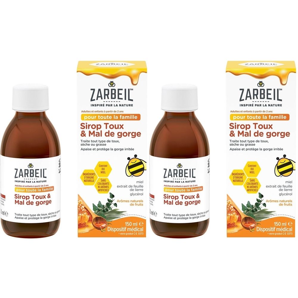 Drie flessen en verpakkingen. Productnaam: Sirop Toux & Mal de gorge. Voor het hele gezin.