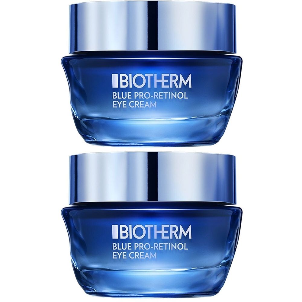 Deux pots bleus avec couvercles argentés. Inscription "BIOTHERM BLUE PRO-RETINOL EYE CREAM".