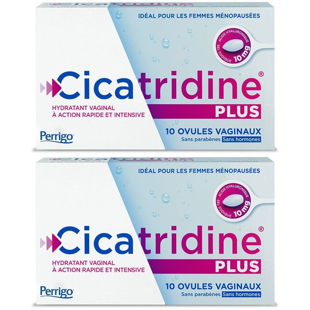 Twee dozen Cicatridine PLUS. Opschrift: 10 vaginale ovules, zonder parabenen, zonder hormonen. Merk Perrigo.